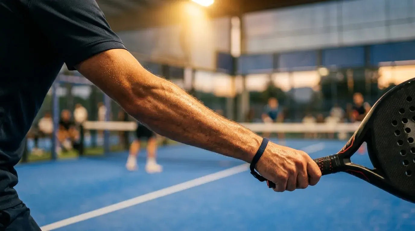 Brazo de jugador de pádel sujetando la pala — foco en el codo