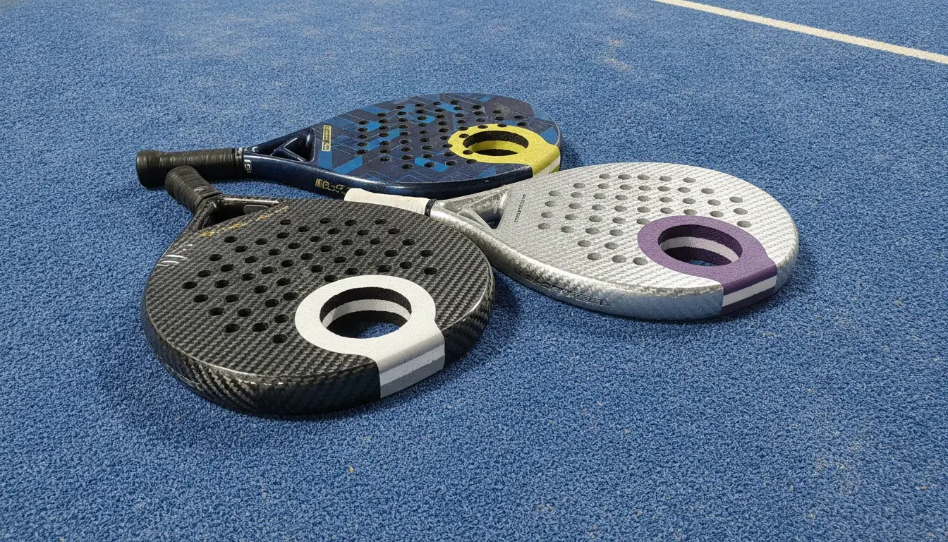 Tres palas de pádel de distintas formas alineadas sobre una pista azul