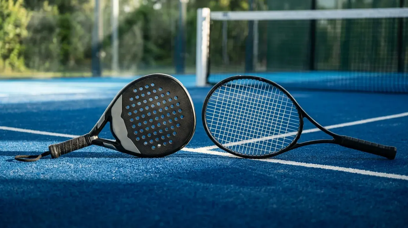Pala de pádel y raqueta de tenis comparadas sobre una pista azul