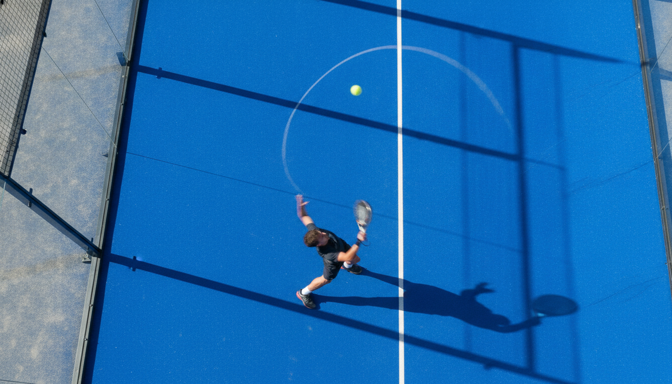 Jugador de pádel ejecutando globo defensivo desde el fondo de la pista