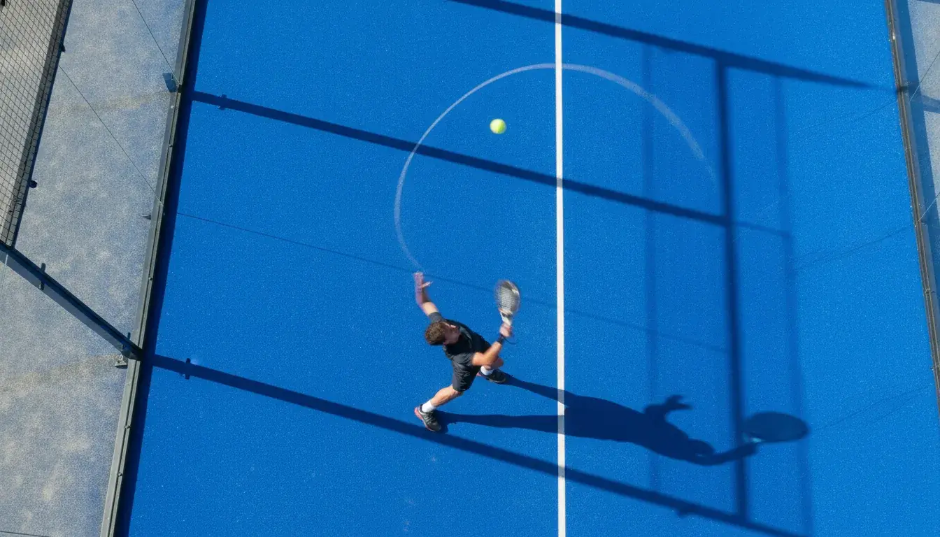 Jugador de pádel ejecutando globo defensivo desde el fondo de la pista