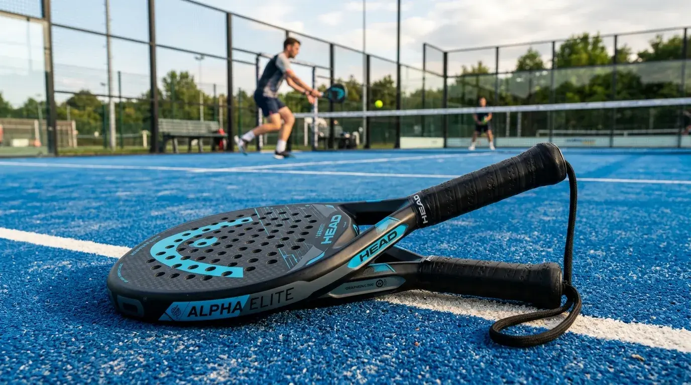 Pala Bullpadel apoyada sobre el cristal de una pista de pádel