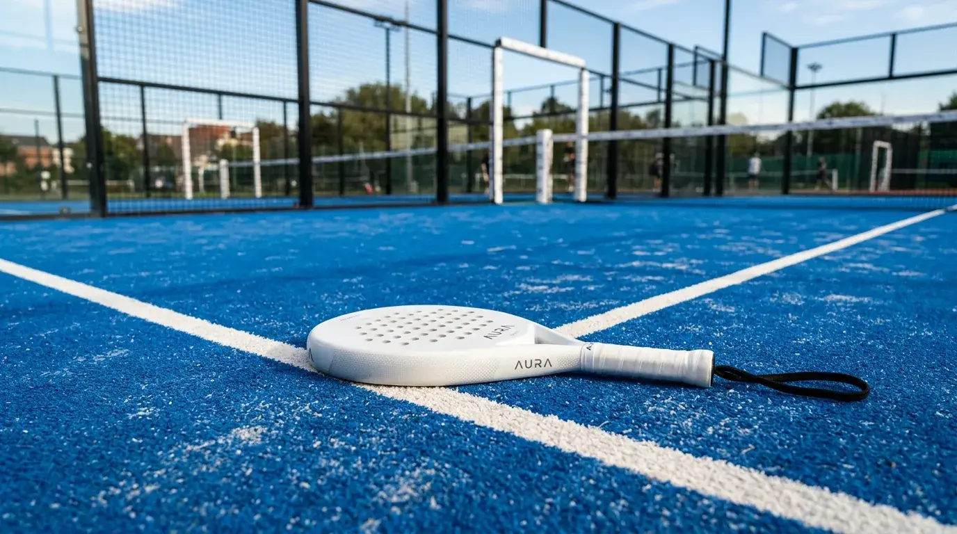 Pala de pádel Adidas Metalbone apoyada sobre la red de una pista de pádel