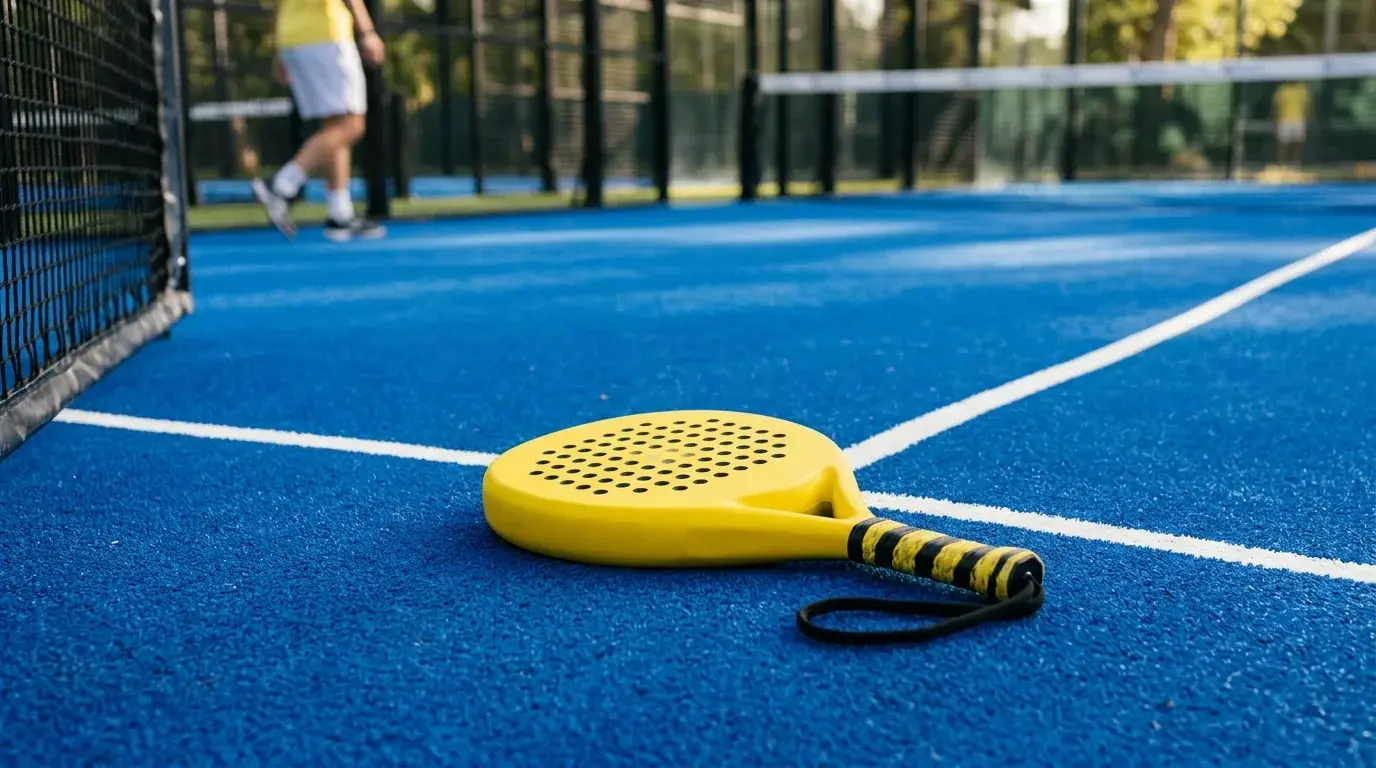 Pala Babolat de pádel apoyada sobre la red de una pista al atardecer