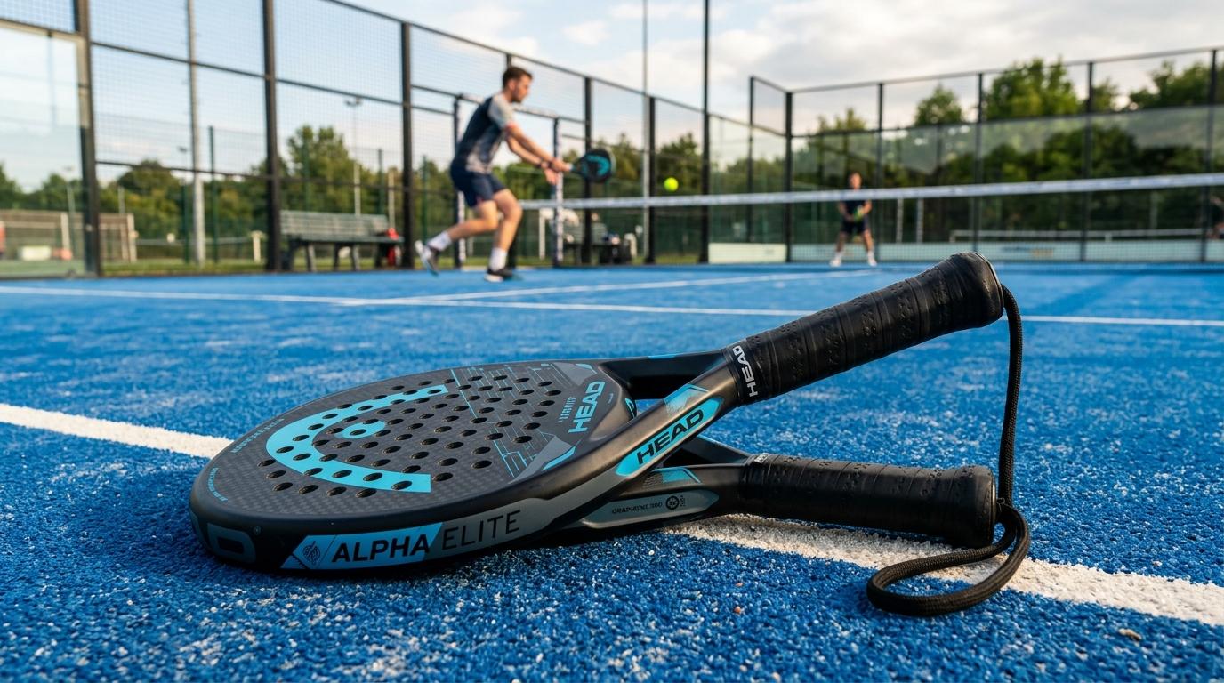 Pala Bullpadel apoyada sobre el cristal de una pista de pádel