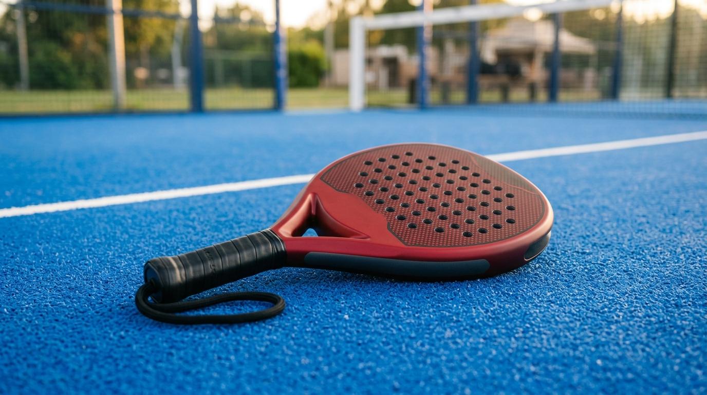 Pala Wilson de pádel apoyada en la red de una pista al atardecer