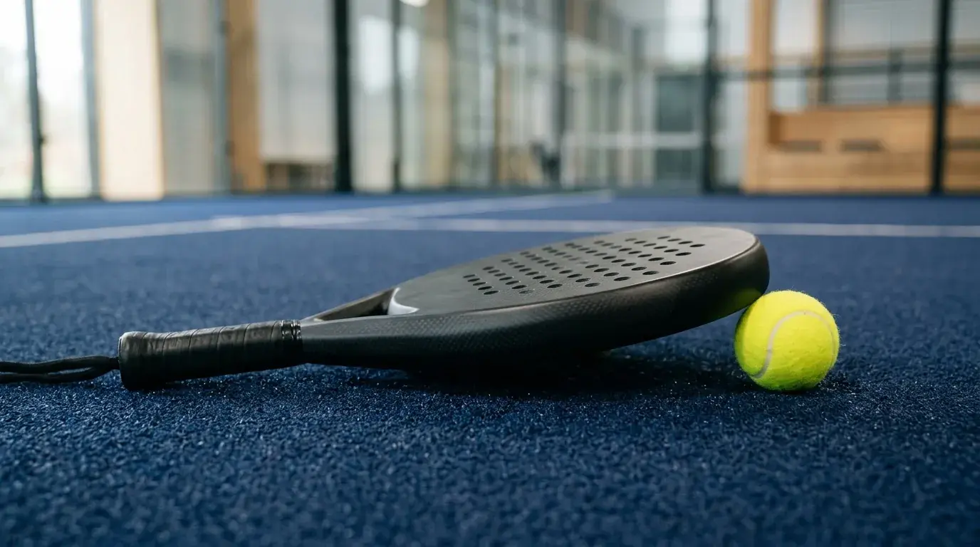 Pala de pádel apoyada sobre la red en una pista azul