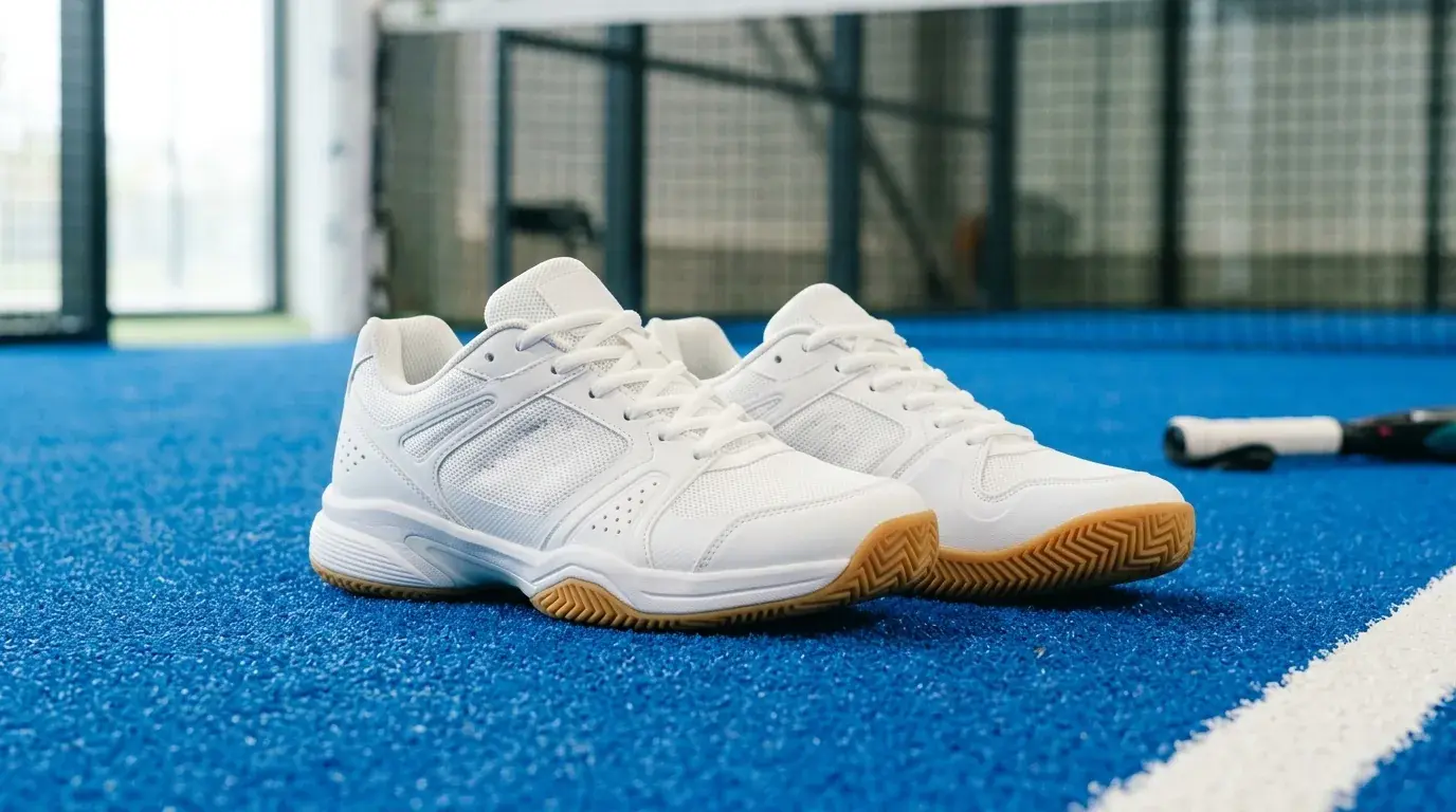 Zapatillas de pádel para mujer con suela de espiga sobre pista de moqueta azul